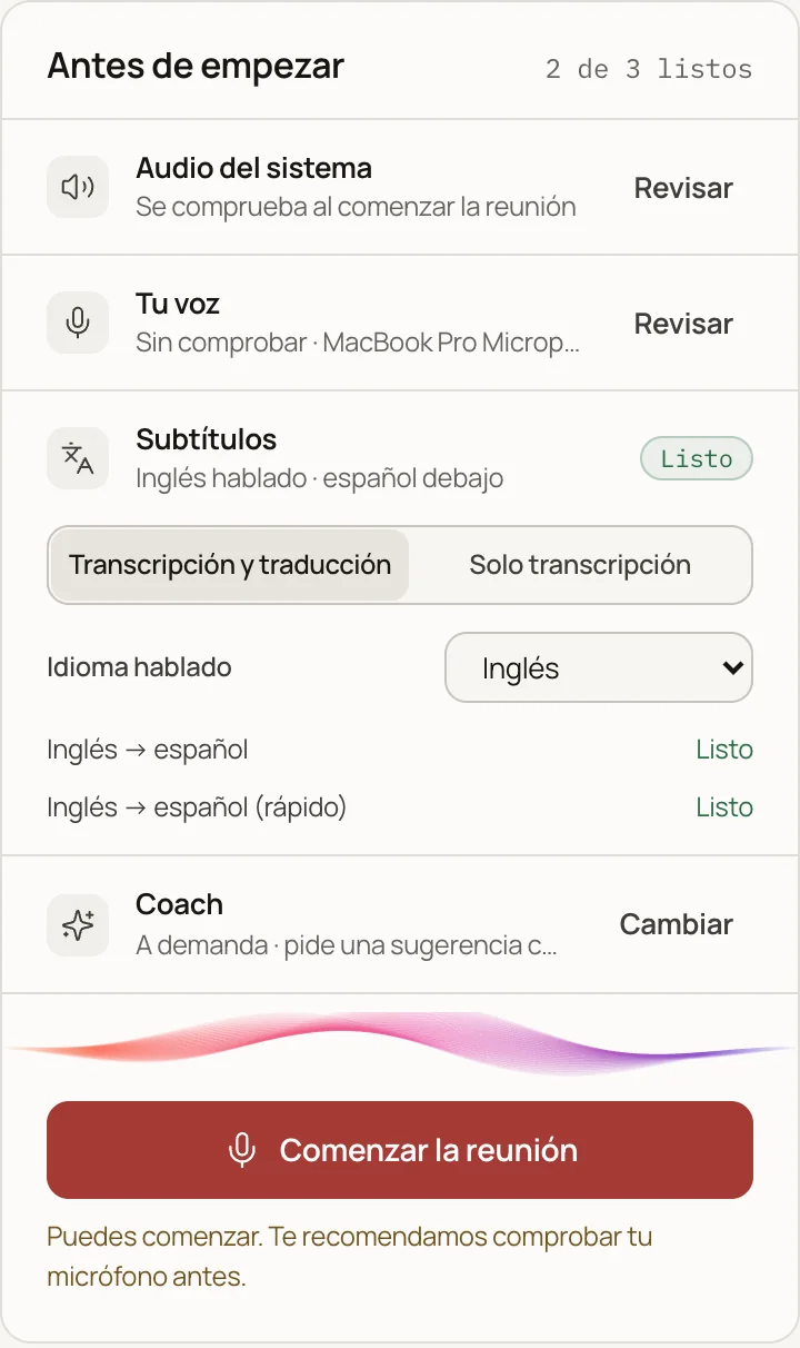 The “Before you start” checklist: system audio, your voice, captions and coach, with the button to start the meeting