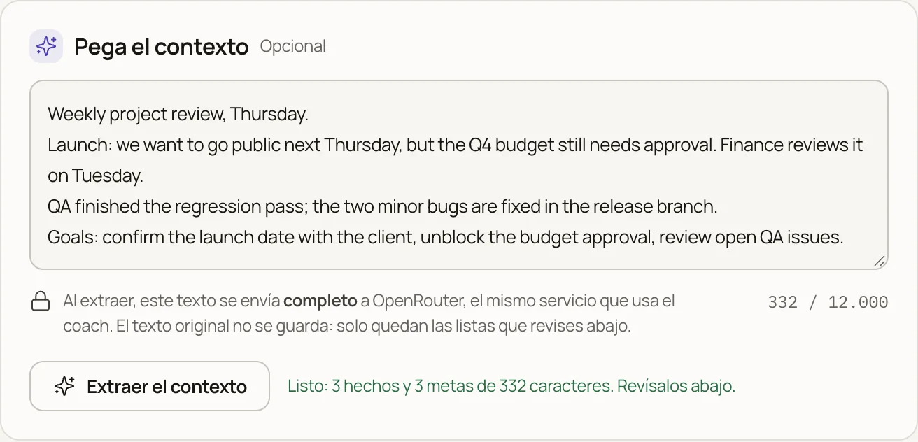 Paste the context: a pasted brief and the button to extract the context