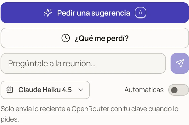 The buttons to ask for a suggestion and to see what you missed, and the field to ask the meeting