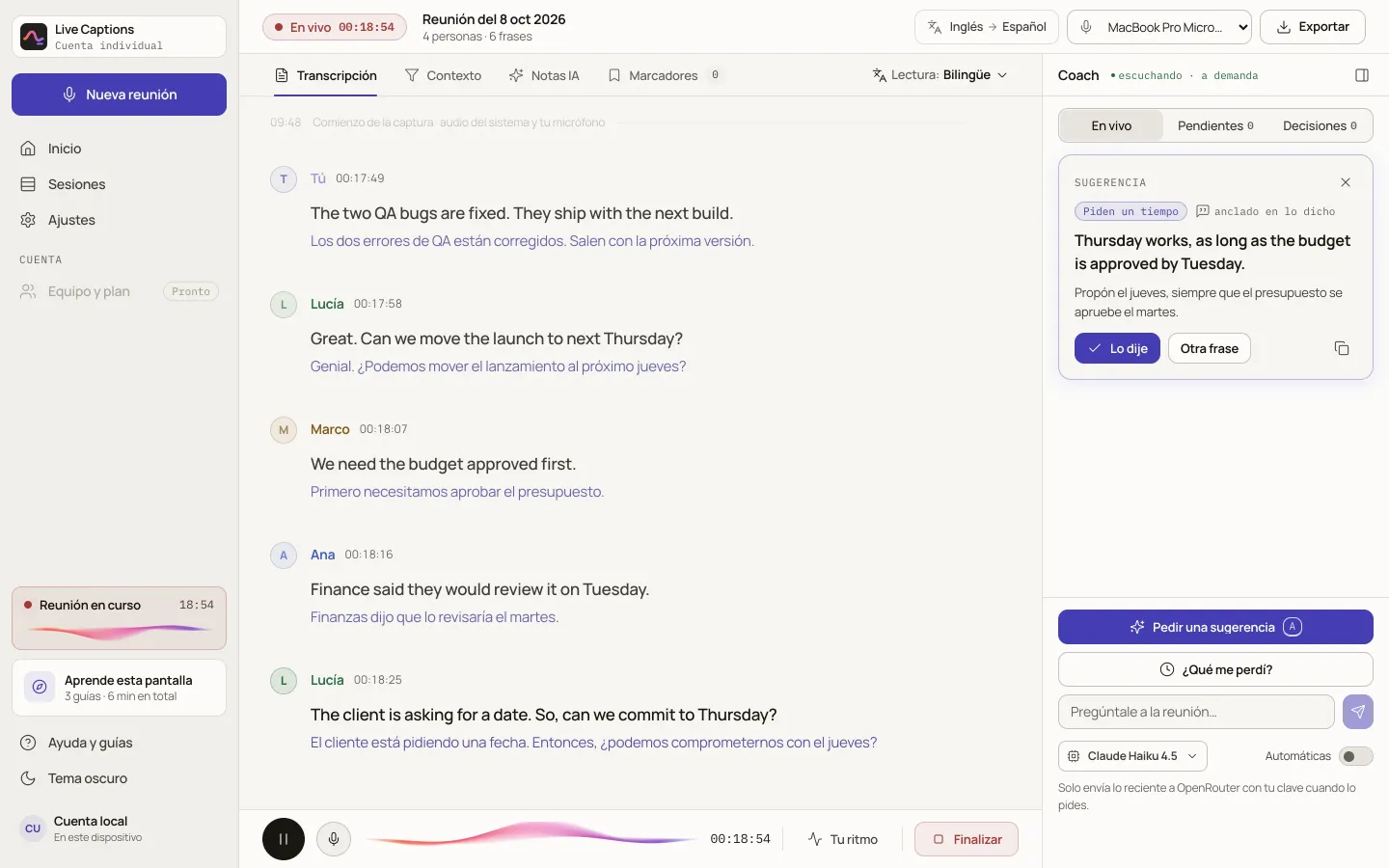 Live Captions with the coach open: on the right, a suggestion for replying to the question about Thursday