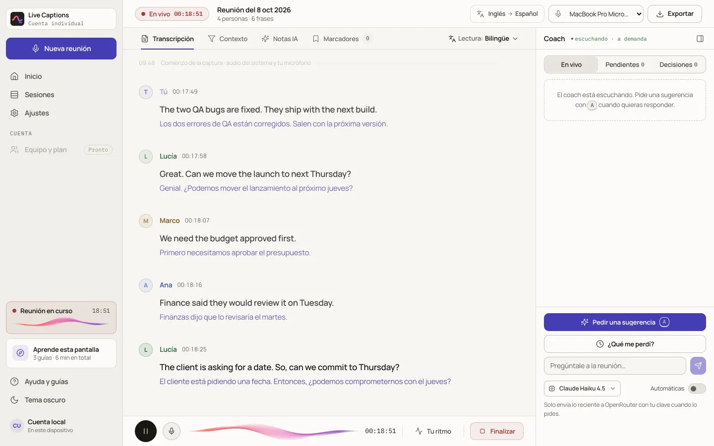Live Captions during a meeting in English: each sentence with its Spanish translation below, and the coach panel on the right